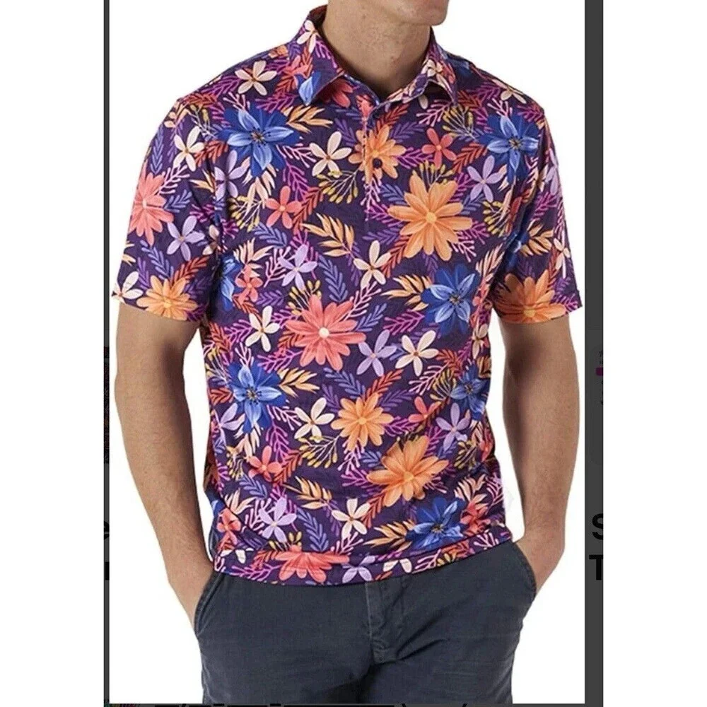 Royal and Awesome Golf Polo Shirt Sz 2XL Purple Floral Performance Wrinkle Free - Picture 2 of 9